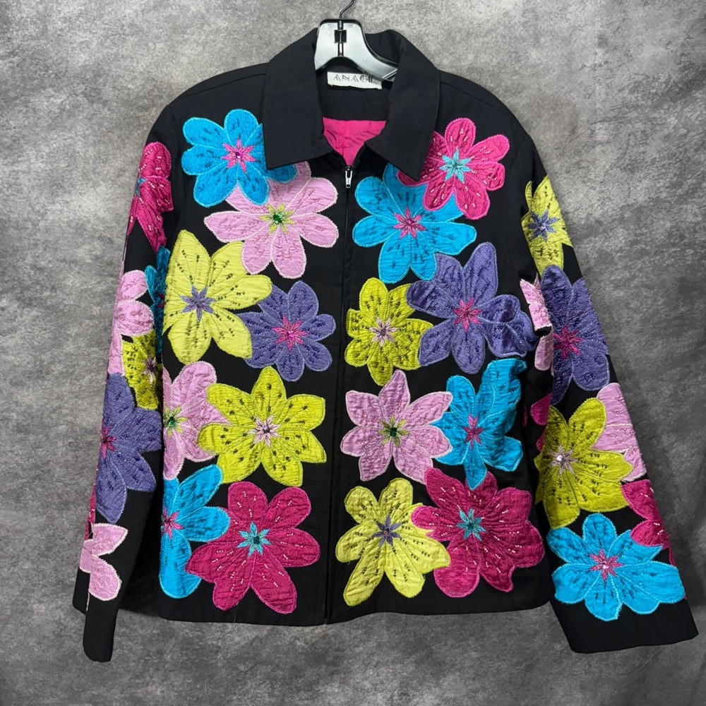 VTG 90s Anage Satin Flower Applique Beaded Jacket Size XL Black Art to Wear